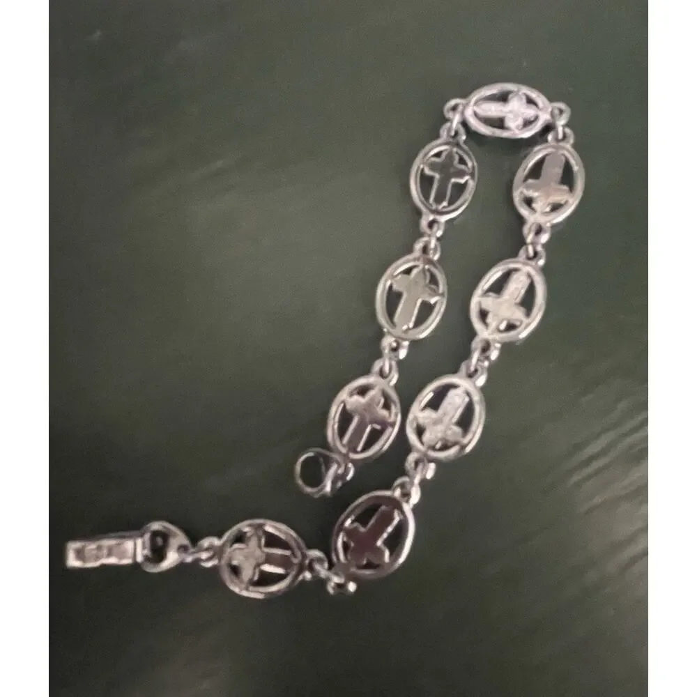 Vintage Cross Bracelet Silver Tone Jewelry Iridescent Center Simple Religious